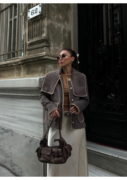 Kaşe Ceket Yaka -Cep Çoban Dikiş Detaylıkahverengi modelleri