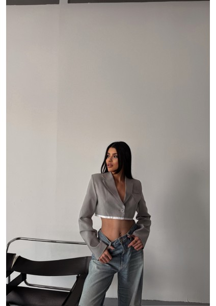 Tek Düğme Crop Gri Ceket