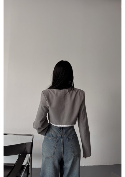 Tek Düğme Crop Gri Ceket