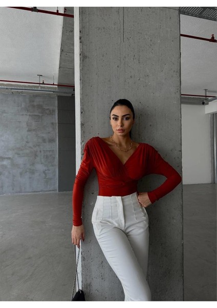 Sandy Vatkalı Bodysuit Drapeli - Kiremit