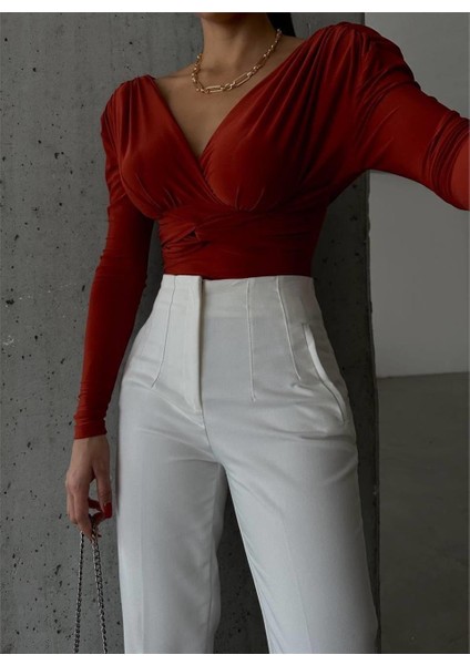 Sandy Vatkalı Bodysuit Drapeli - Kiremit