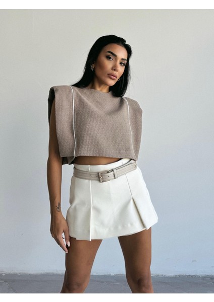 Vatkalı Biye Detay Crop Bluz Bej