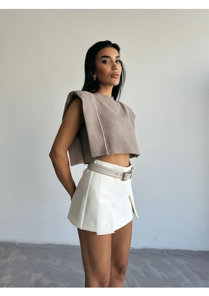 Vatkalı Biye Detay Crop Bluz Bej