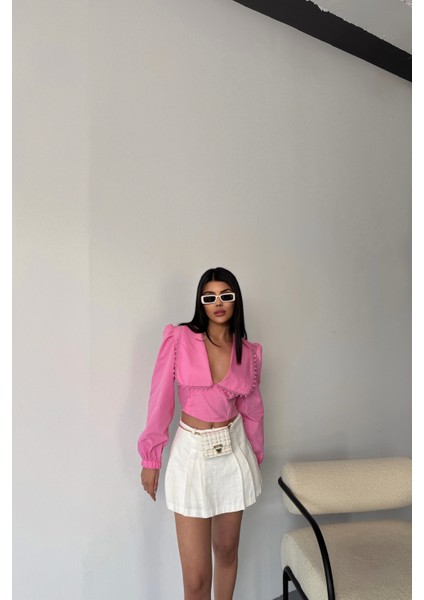Yaka Kenar Dantel Detaylı Crop Poplin Pembe Gömlek