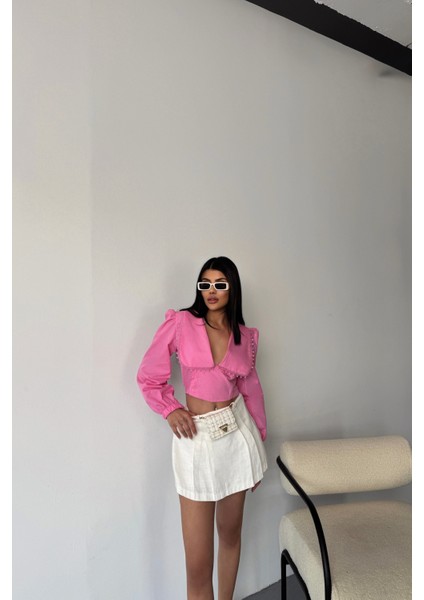 Yaka Kenar Dantel Detaylı Crop Poplin Pembe Gömlek modelleri
