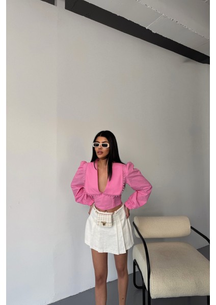 Yaka Kenar Dantel Detaylı Crop Poplin Pembe Gömlek fırsatları
