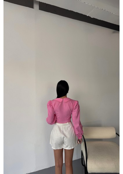Yaka Kenar Dantel Detaylı Crop Poplin Pembe Gömlek indirimleri
