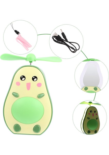 LED Işıklı Makyaj Aynası Mini El Fanı USB Şarjlı Avakado Figürlü Fonksiyonel Vantilatör