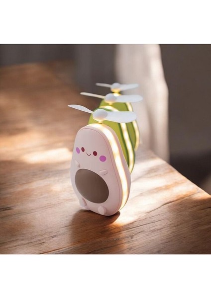 LED Işıklı Makyaj Aynası Mini El Fanı USB Şarjlı Avakado Figürlü Fonksiyonel Vantilatör