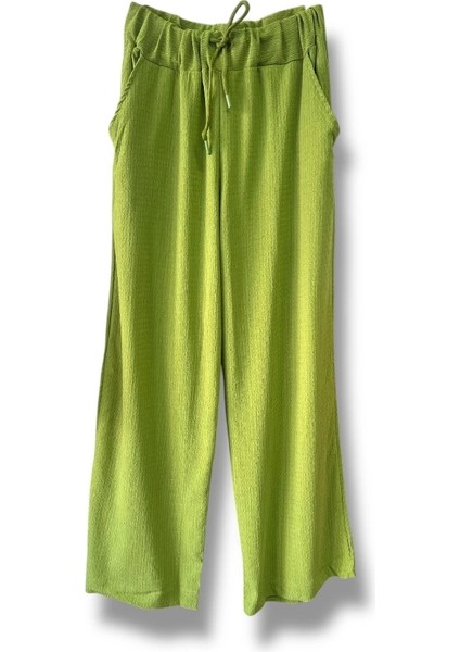 Dökümlü Düz Kesim Bağcıklı Pantolon-Yeşil