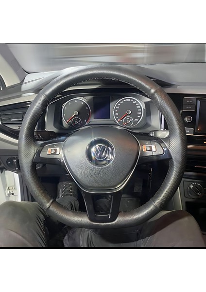 Dikişli Direksiyon Kılıfı Siyah Deri Noktalı Deri Siyah Dikişli Volkswagen Polo Için
