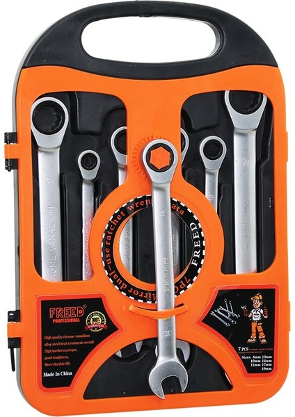 7 Pcs Cırcır Kombine Anahtar Seti 8-10-12-13-14-17-19 mm Plastik Taşıma Çantalı
