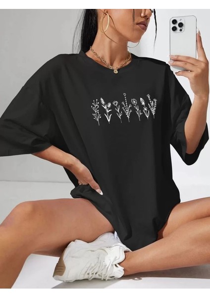 Kadın Baskılı Oversize T-Shirt - Siyah