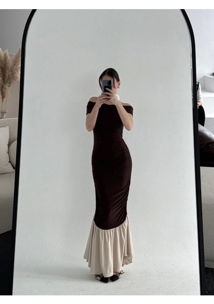 Striptiz Omuzlu Uzun Elbise- Kahve modelleri