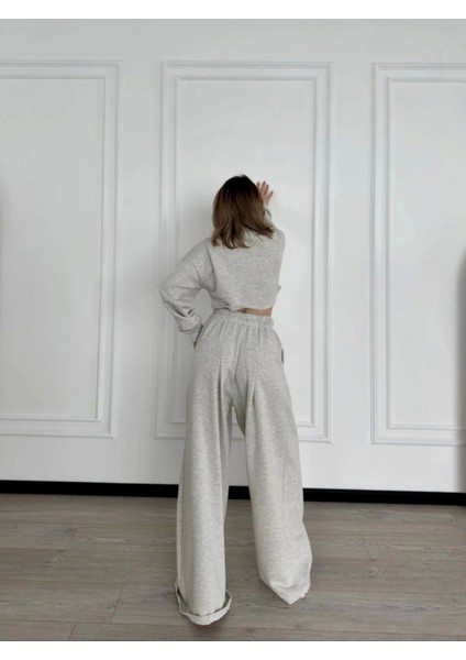 Uzun Kollu Önü Ip Büzgülü Crop ve Pantolon Ikili Takım - Gri modelleri