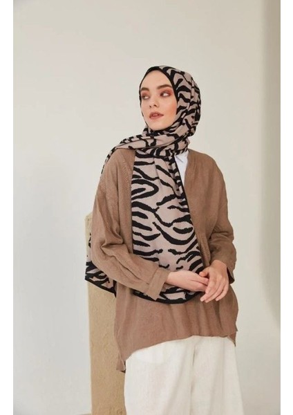 Medine Ipeği Şal Zebra Desen Siyah Vizon
