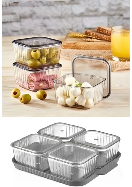 9 Parça 4 Bölmeli Sunum Tepsili, Füme, Kapaklı Akrilik Kahvaltı Seti, Saklama Kabı Seti