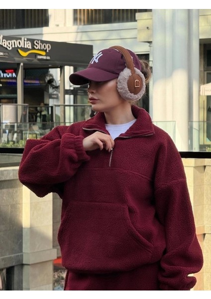 Kalın Polar Yakalı Fermuarlı Sweat Pantolonlu Takım - Bordo