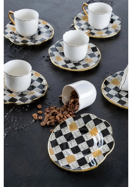 Enzo Chess 6 Kişilik Cam Tabaklı Porselen Fincan Takımı Seti - 90 ml