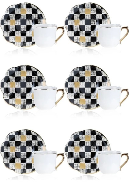 Enzo Chess 6 Kişilik Cam Tabaklı Porselen Fincan Takımı Seti - 90 ml