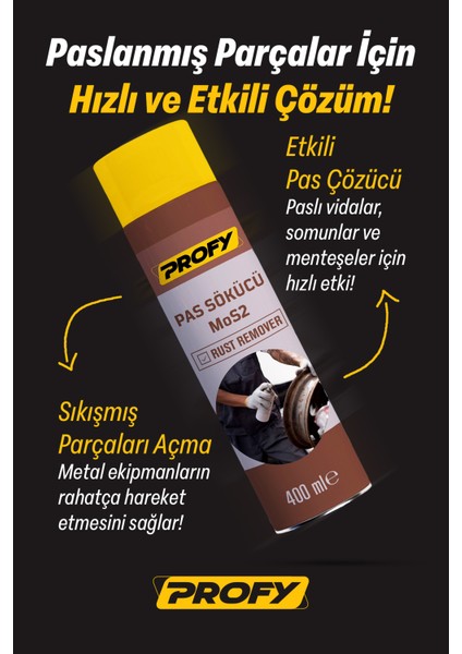 400 ml Pas Sökücü Sprey - Mos2 Formülü, Güçlü Pas Çözücü, Koruyucu Etki, Metal Yüzeyler