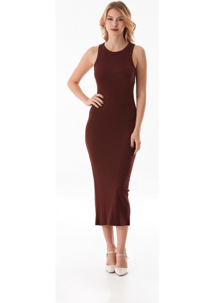 Basic Fitilli Halter Yaka Yırtmaçlı Elbise