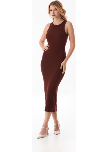 Basic Fitilli Halter Yaka Yırtmaçlı Elbise