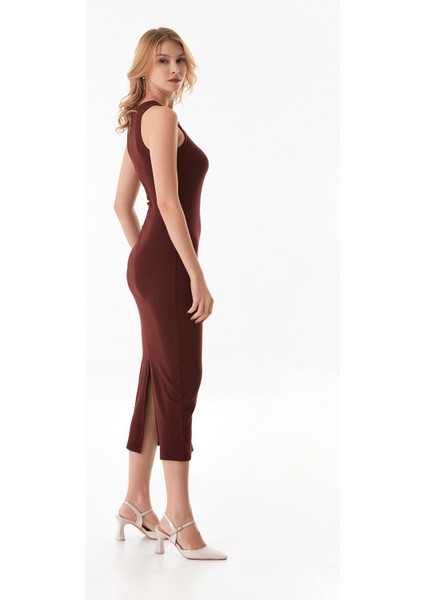 Basic Fitilli Halter Yaka Yırtmaçlı Elbise