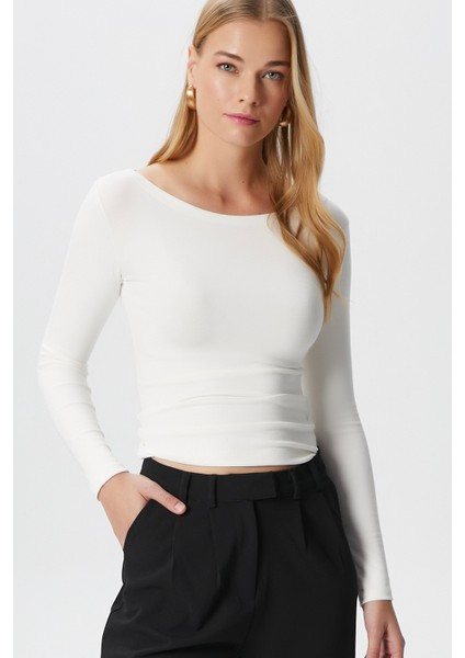 Kayık Yaka Uzun Kollu Ekru Soft Top / Bluz