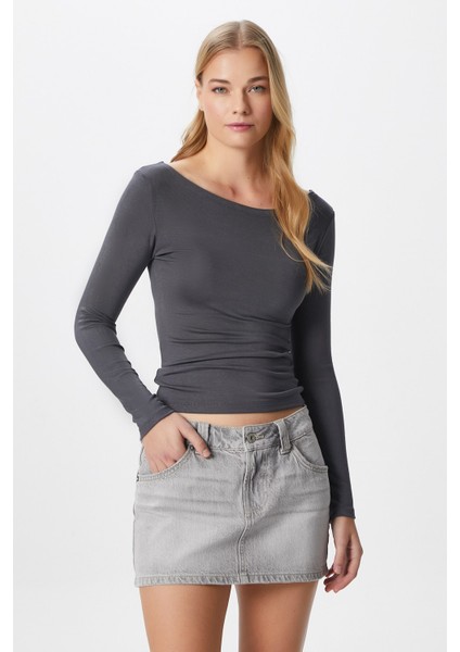 Kayık Yaka Uzun Kollu Antrasit Soft Top / Bluz