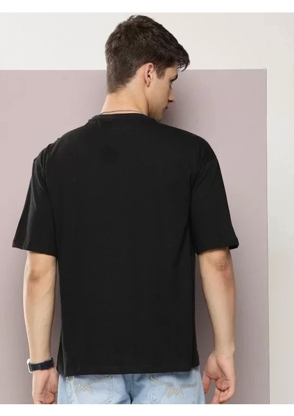 Erkek Baskılı Oversize T-Shirt - Siyah