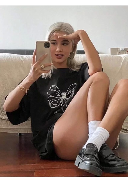 Kadın Baskılı Oversize T-Shirt - Siyah