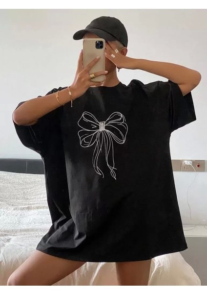 Kadın Baskılı Oversize T-Shirt - Siyah