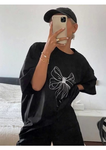 Kadın Baskılı Oversize T-Shirt - Siyah