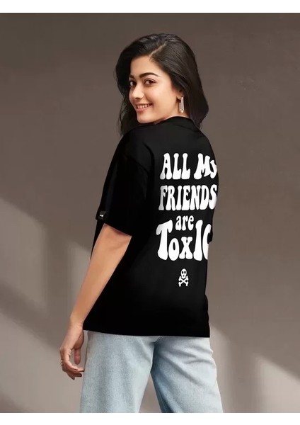 Kadın Baskılı Oversize T-Shirt - Siyah