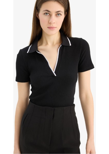 Slim Fit Dar Kesim Polo Yaka Fitilli Kaşkorse Kısa Kollu Tişört E5786AX25SP