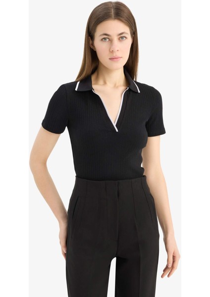 Slim Fit Dar Kesim Polo Yaka Fitilli Kaşkorse Kısa Kollu Tişört E5786AX25SP modelleri