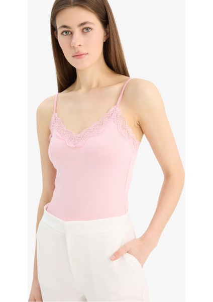 Slim Fit Dar Kesim V Yaka Dantelli Çıtçıtlı Body E8483AX25SP