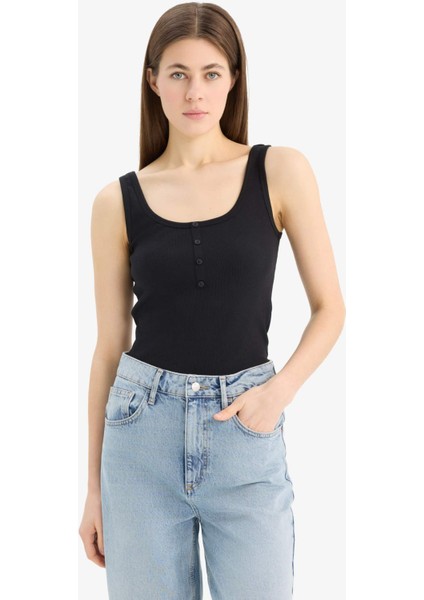Slim Fit Dar Kesim Kare Yaka Fitilli Kaşkorse Atlet E2173AX25SP