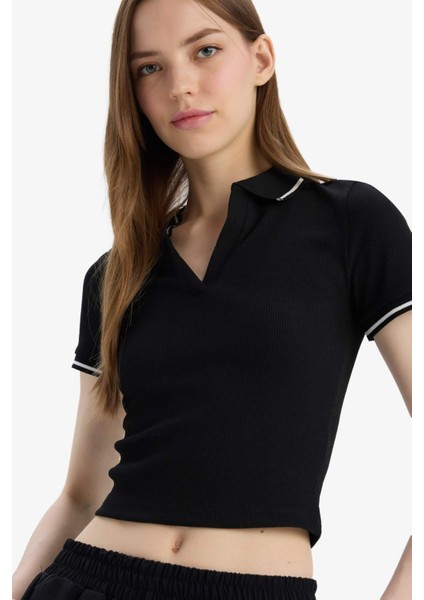 Fitted Polo Yaka Basic DÜZ Fitilli Kaşkorse Kısa Kollu Tişört E7906AX25SM