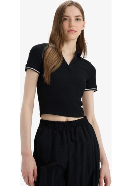 Fitted Polo Yaka Basic DÜZ Fitilli Kaşkorse Kısa Kollu Tişört E7906AX25SM modelleri