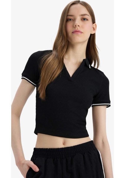 Fitted Polo Yaka Basic DÜZ Fitilli Kaşkorse Kısa Kollu Tişört E7906AX25SM fırsatları