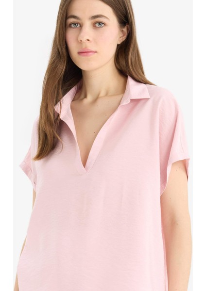 Comfort Fit Gömlek Yaka Basic Düz Kısa Kollu Bluz E5989AX25SP