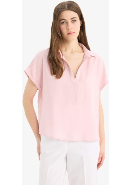 Comfort Fit Gömlek Yaka Basic Düz Kısa Kollu Bluz E5989AX25SP