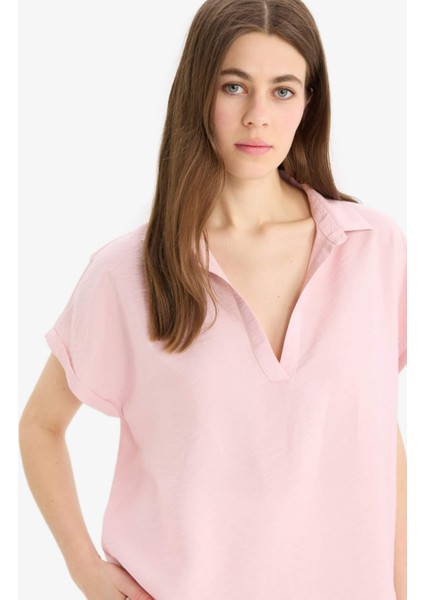 Comfort Fit Gömlek Yaka Basic Düz Kısa Kollu Bluz E5989AX25SP