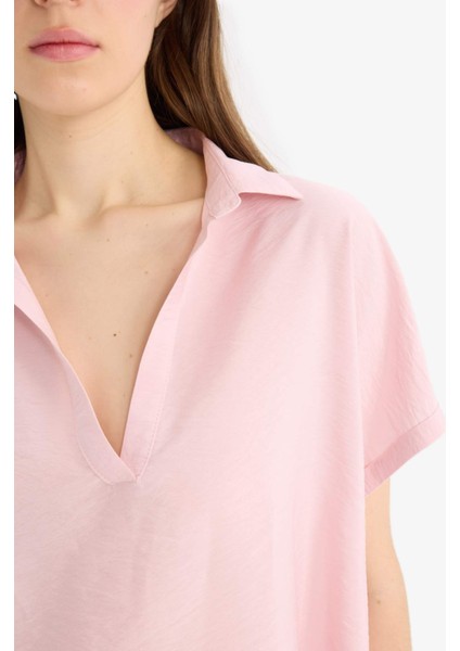 Comfort Fit Gömlek Yaka Basic Düz Kısa Kollu Bluz E5989AX25SP