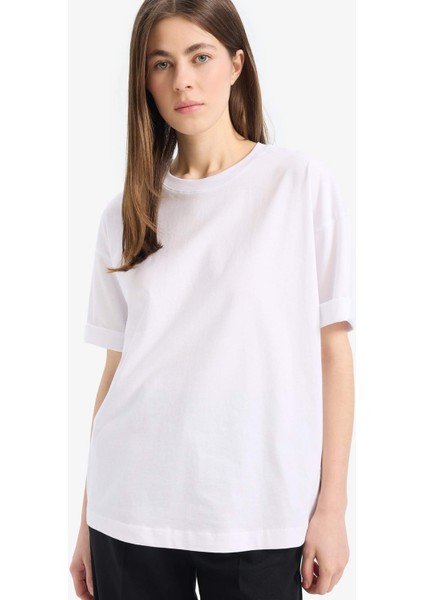 Oversize Geniş Kalıp Bisiklet Yaka Penye Basic Düz Kısa Kollu Beyaz Tişört C0099AX25SP