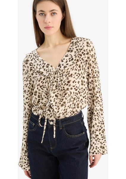 Regular Fit V Yaka Leopar Desenli Maroken Uzun Kollu Gömlek E9217AX25SP