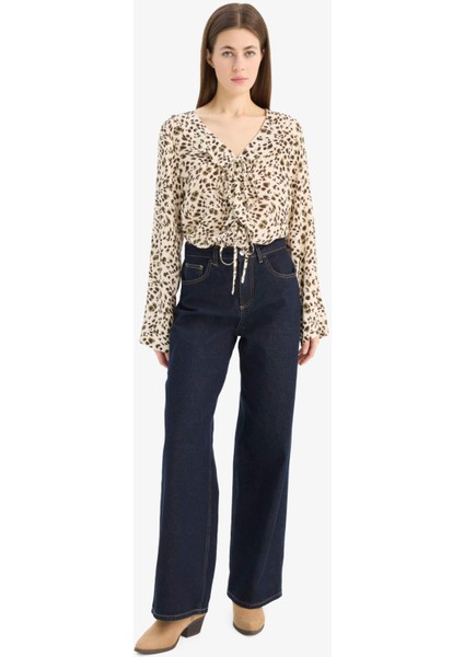 Regular Fit V Yaka Leopar Desenli Maroken Uzun Kollu Gömlek E9217AX25SP fiyatları