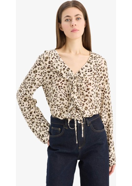 Regular Fit V Yaka Leopar Desenli Maroken Uzun Kollu Gömlek E9217AX25SP fırsatları